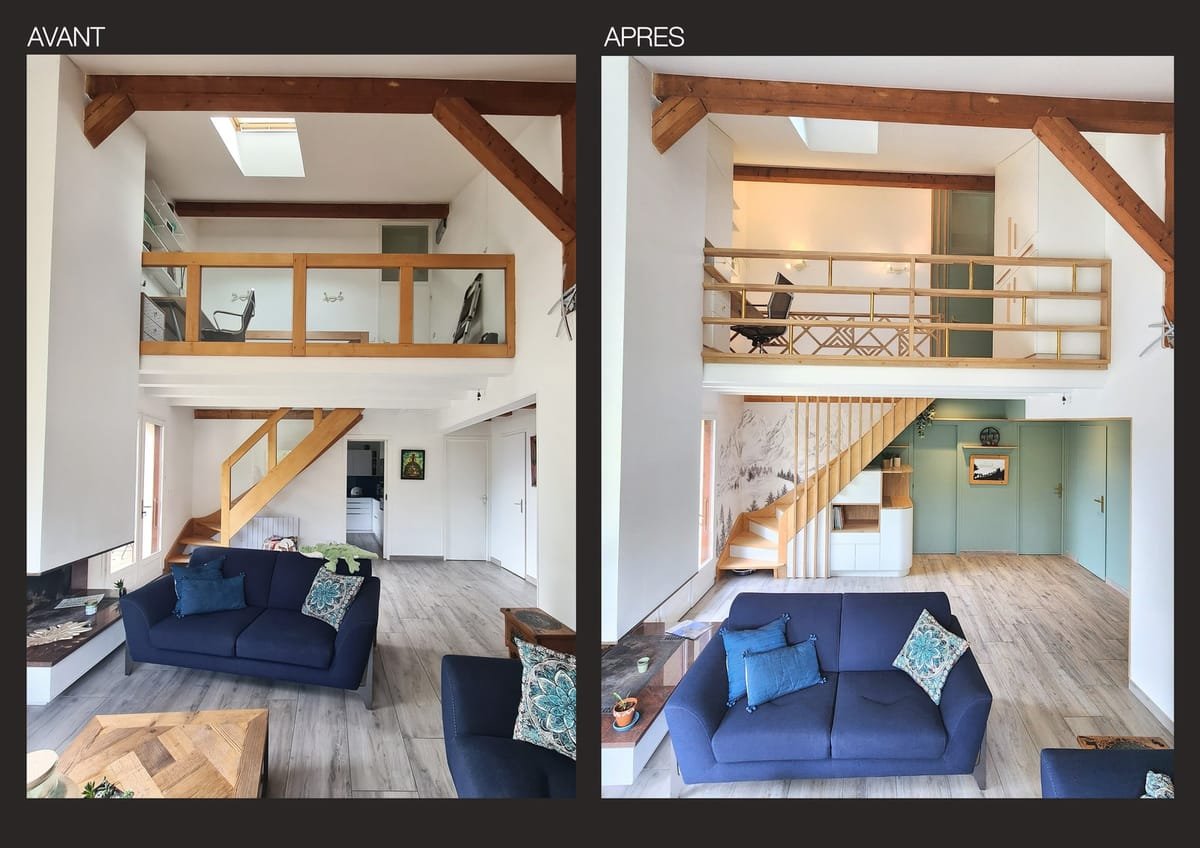 Avant et après la création d'une mezzanine en bois dans un séjour sous charpente